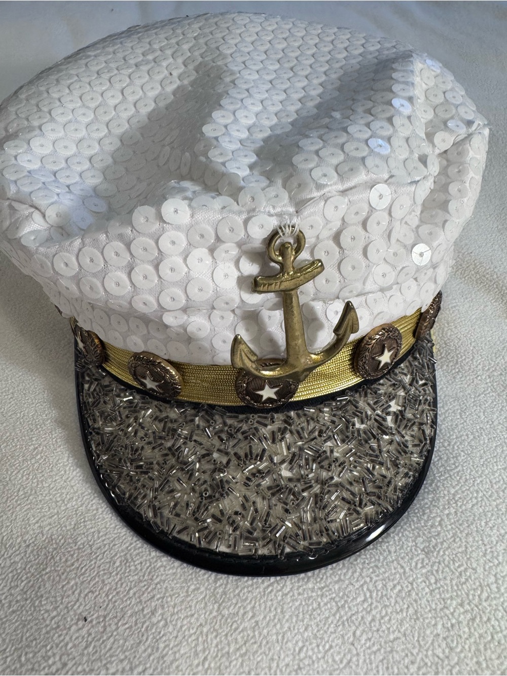 Caché Y2K White Sequin Beaded Captain Hat Anchor Military Festival Sailor